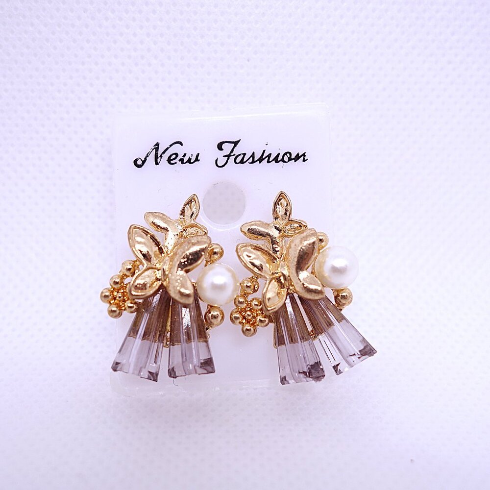 💎3/25💎NOS Vintage Retro Style Gold Butterfly Crystal Pierced Stud Earrings